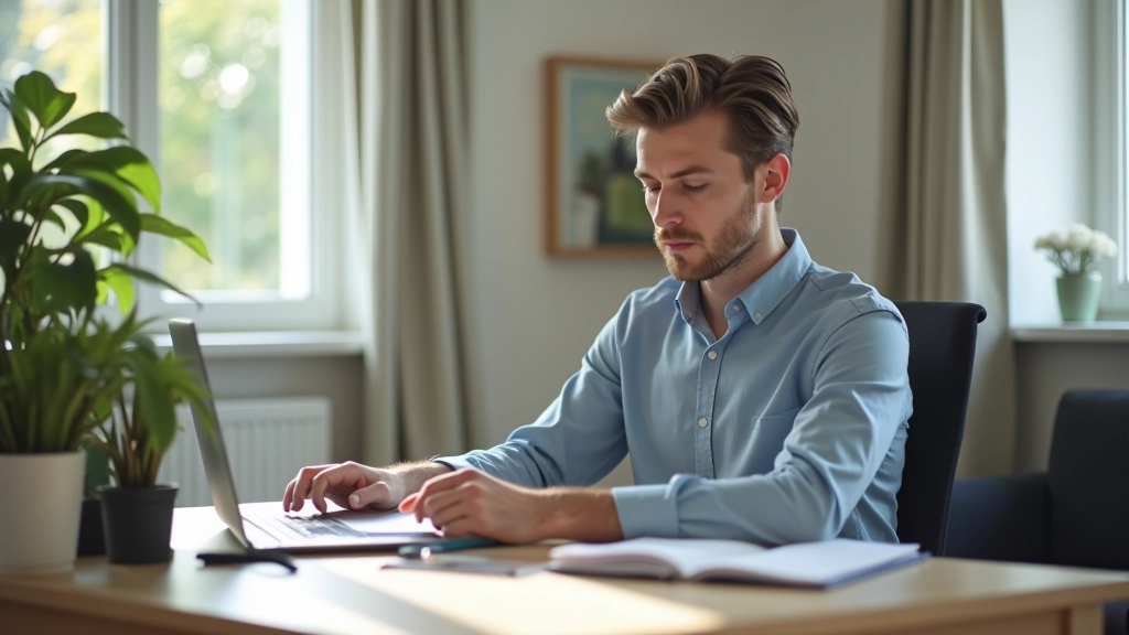 Freiberufler arbeitet in heimischem Büro mit Laptop und Notizbüchern