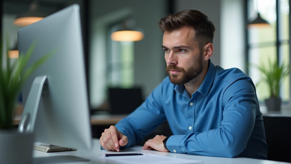 Selbstständiger schaut auf Computer-Bildschirm mit ELSTER-Portal zur Umsatzsteuer-Voranmeldung